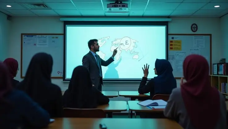 تصویری از یک معلم در آموزشگاه در حال کار کردن با ویدئو پروژکتور قلم‌دار
