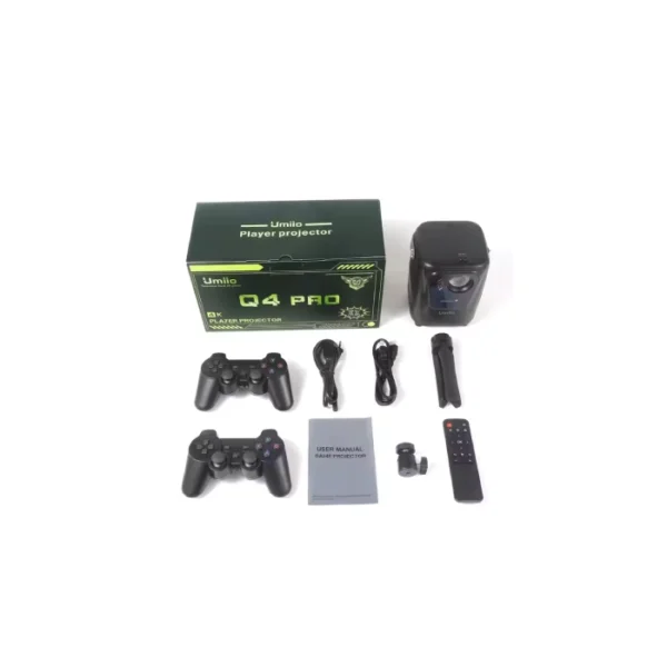 ویدئو پروژکتور گیمینگ یومیو Umiio Q4 Pro در کنار کنترلر بازی یا کنسول، آماده برای تجربه گیمینگ